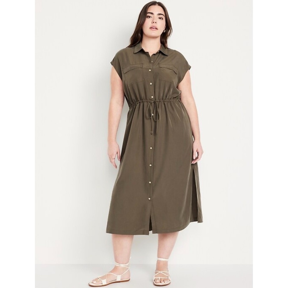 Old Navy Waist Defined Utility Midi Shirt Dress Olive Green Slits Pocket Sz XL